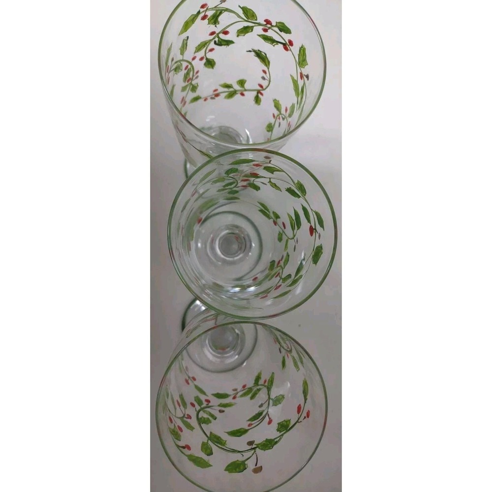 Block Holiday Glasses set of 3 20 oz hand painted Holly Berry Footed Christmas - Picture 2 of 4